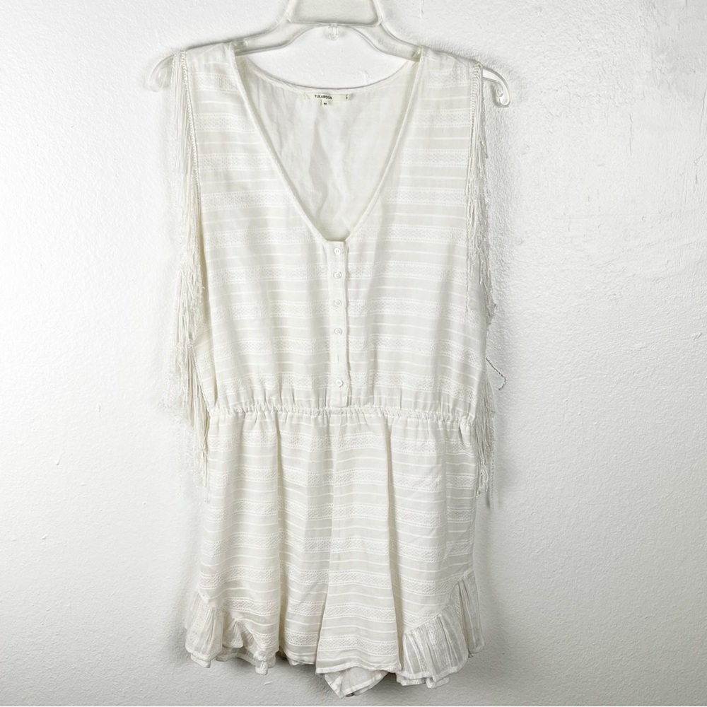 TULAROSA Rhonda White Fringe Lined Side Pockets Front Button Romper, Size Medium